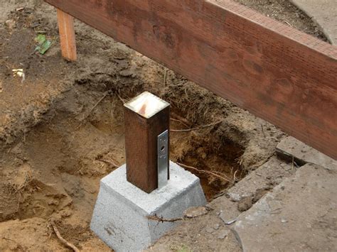 footing with metal bracket no wood underground|buried footing for deck.